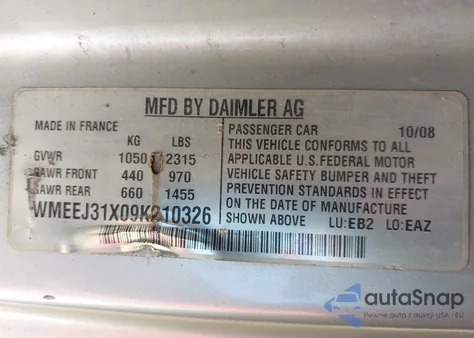 2009 Smart Fortwo Brabus/Passion/Pure from USA, damaged, VIN WMEEJ31X09K210326